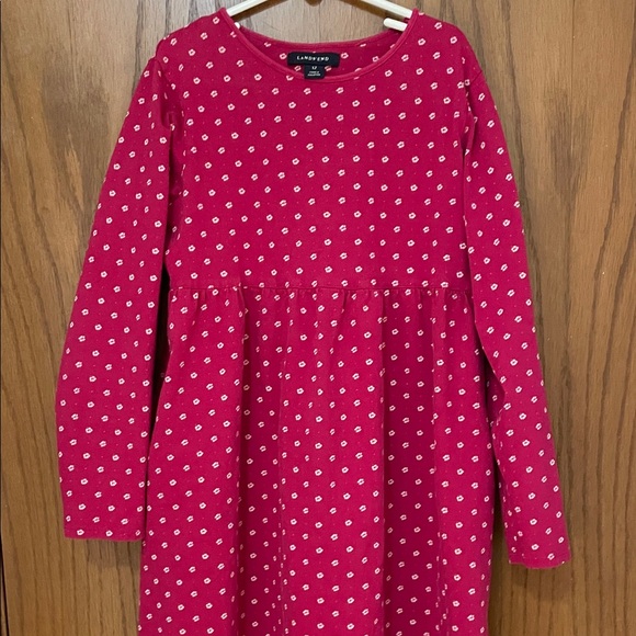 Lands' End UEC Girls Sz 12 Red/Pink Cream Patterned Long Sleeve Casual Dress - Picture 4 of 10